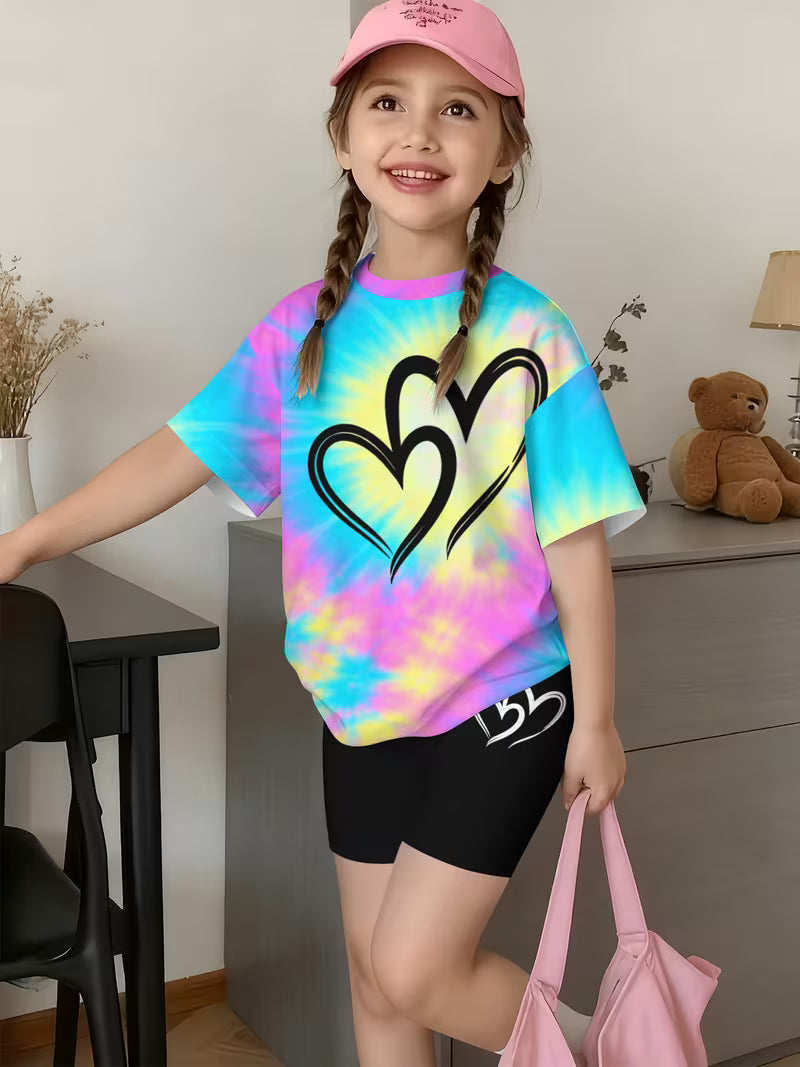 Cute Graffiti Style and Heart-Print T-shirt and Shorts Set