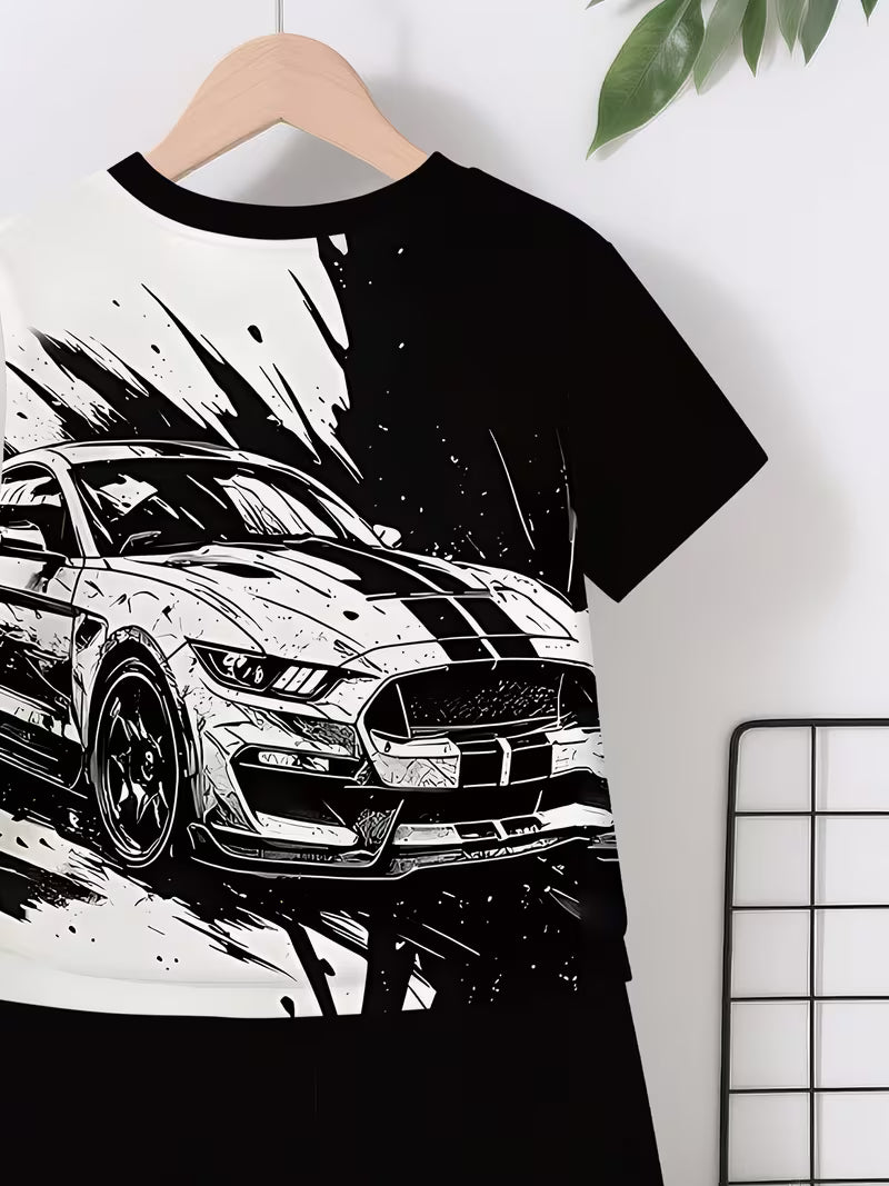 Cool Black and White Sports Car 3D Printed Design Short-sleeved