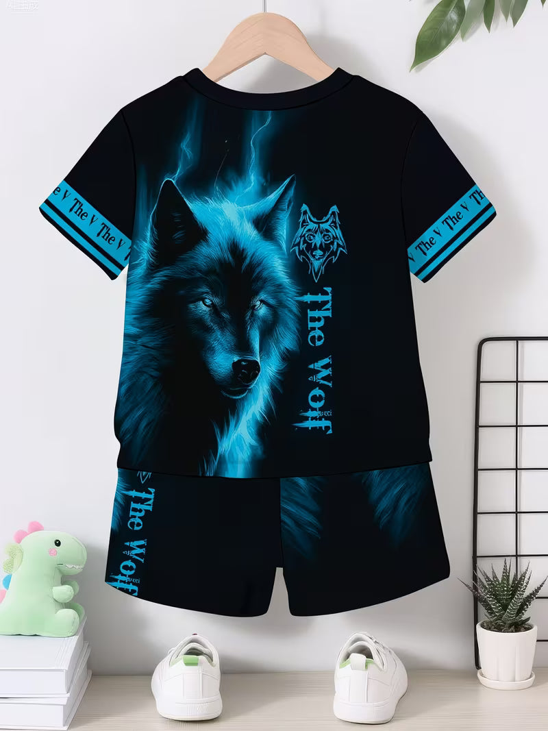 Pullover and Sports Shorts Set, with a Cool Blue Plush Wolf 3D Print