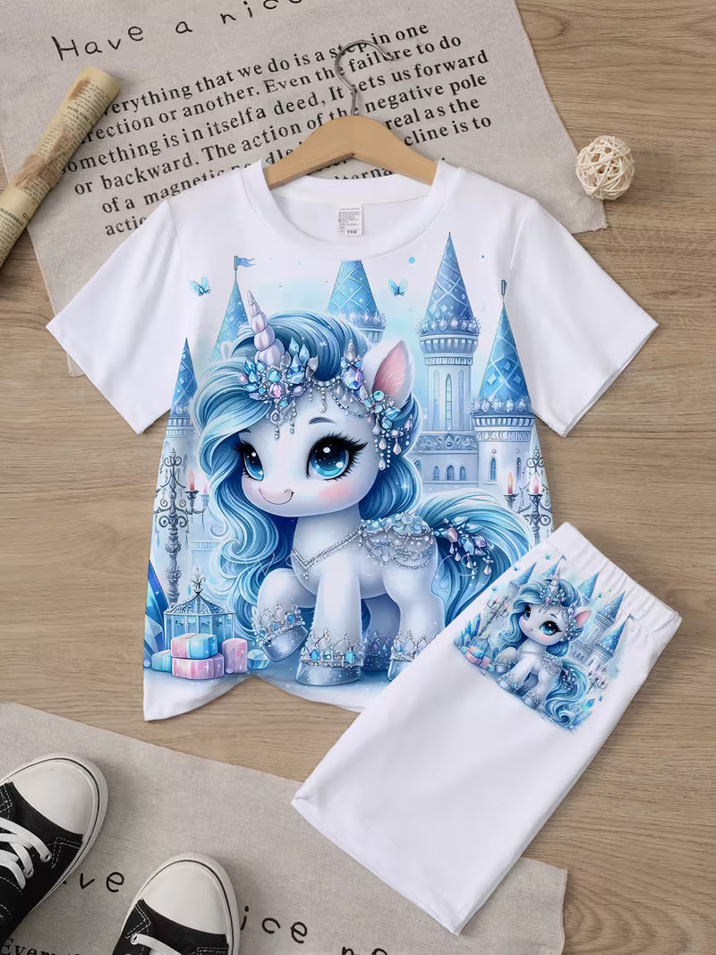 Unicorn Blue Castle Print T-Shirt And Shorts Set Features Exquisite Cartoon Designs, Breathable Fabric