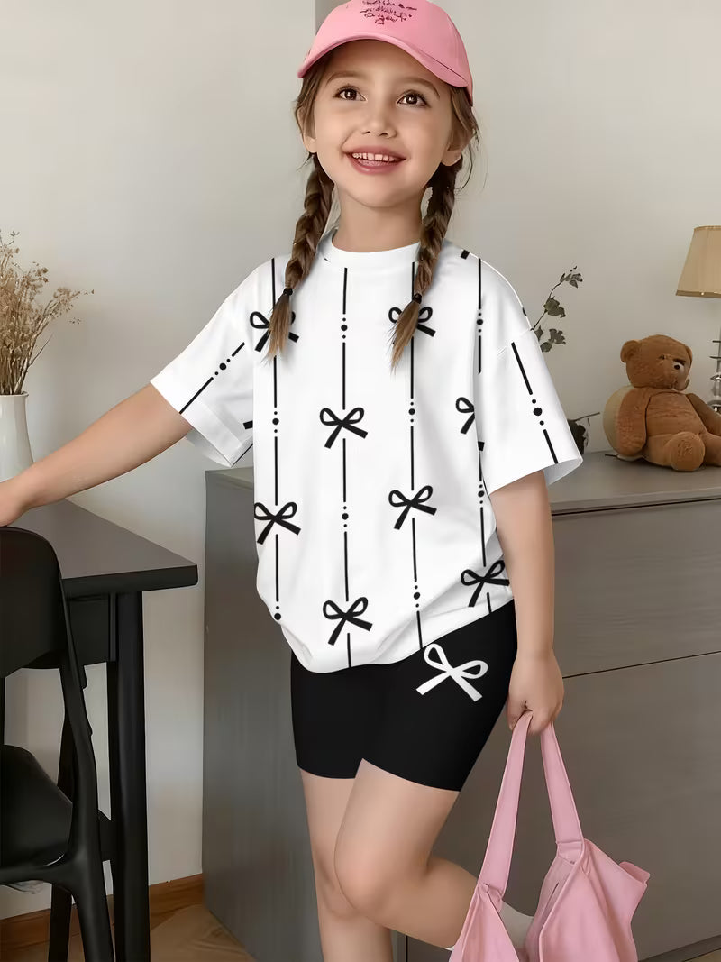 Girls' Fashion Shorts Set, Cute And Stylish Printed Set, for Outdoor
