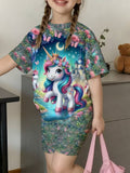 Girls' Unicorn T-Shirt and Shorts Set, Unicorn Print Children's Cartoon Casual Outfit