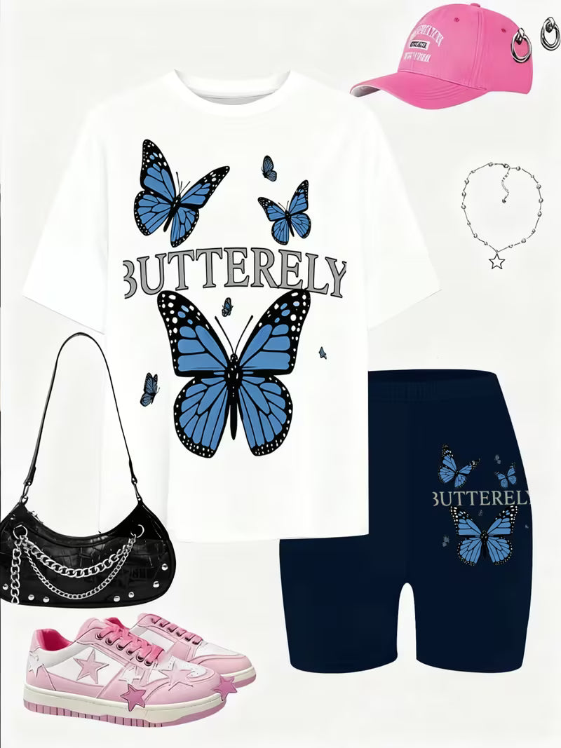 Girls' T-Shirt And Shorts Set Featuring a Cartoon Short-Sleeve Design