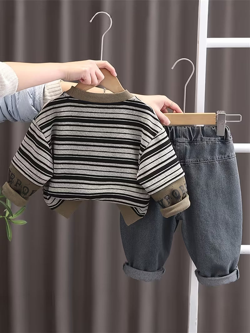 New Style 2pcs Set for Boys, Fashionable And Eye-Catching Striped Letter Logo Long-Sleeve Two-Piece Outfit