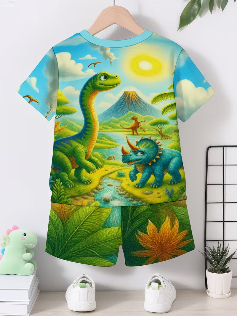 Casual Fashion Short-Sleeve T-Shirt Set, Digital Print, Creative Jungle Dinosaur Print Design