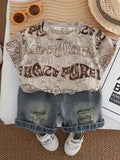 Boys' Short Sleeve And Shorts 2pcs Set, Letter Print Design Khaki