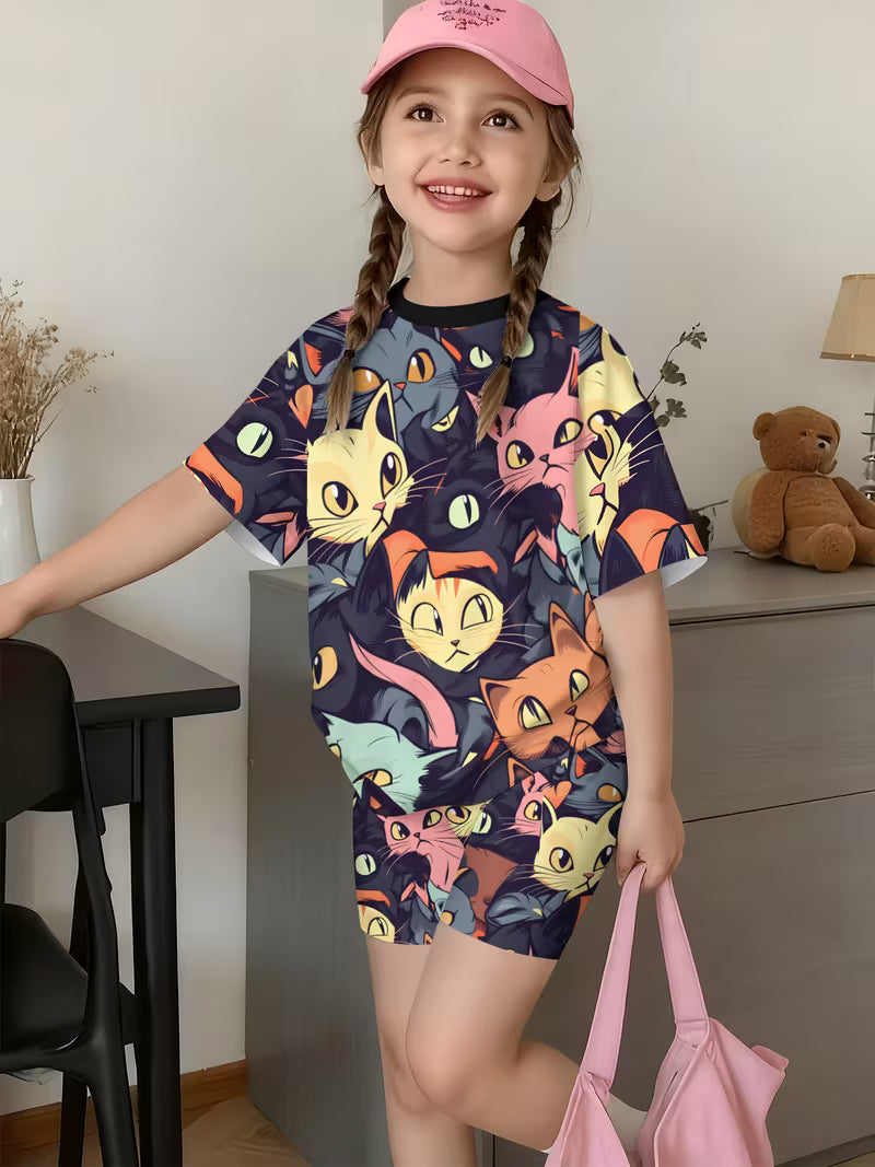 Girls' Fashion Shorts Set Cute Fashion Printed Set, Perfect for Outdoor