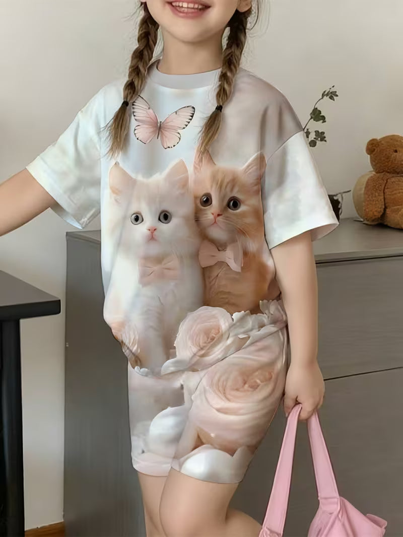 New Cute Cat T-Shirt and Shorts Set for Girls