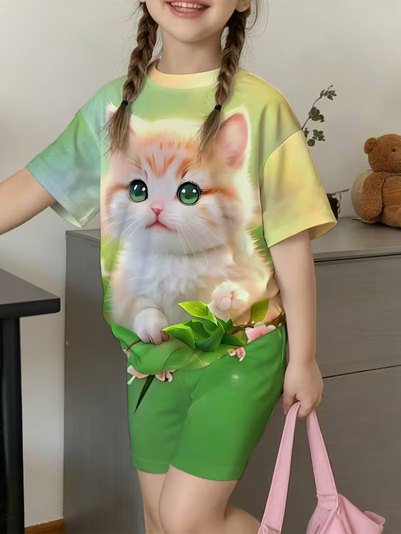 Girls' Unicorn Trendy Personality T-Shirt and Shorts Set