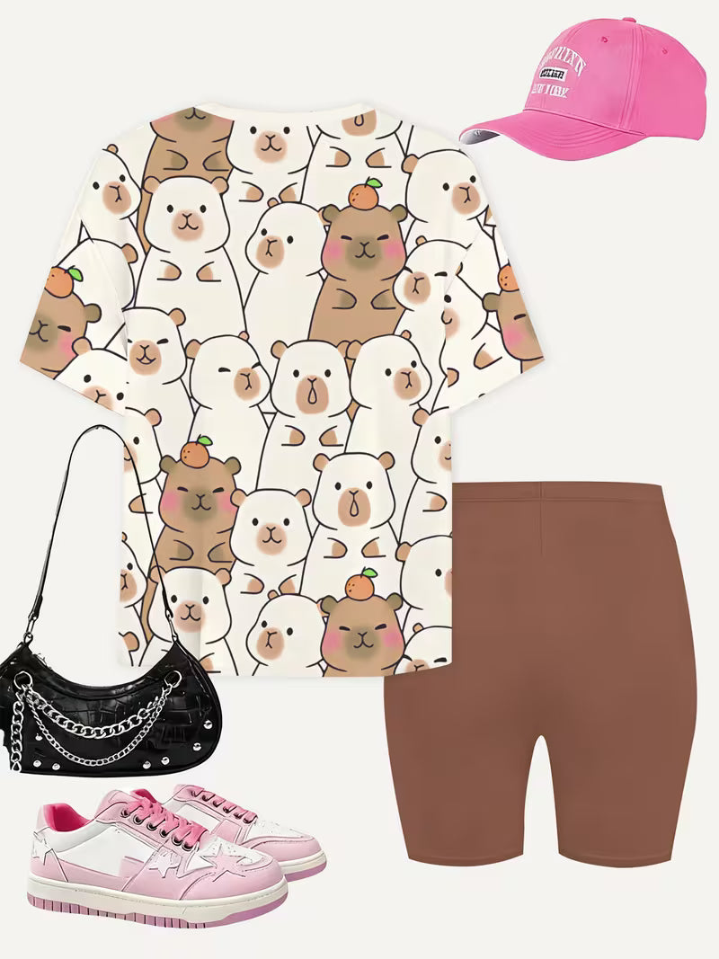 Girls' Fashion Shorts Set Cute Fashion Printed Set, Perfect for Outdoor