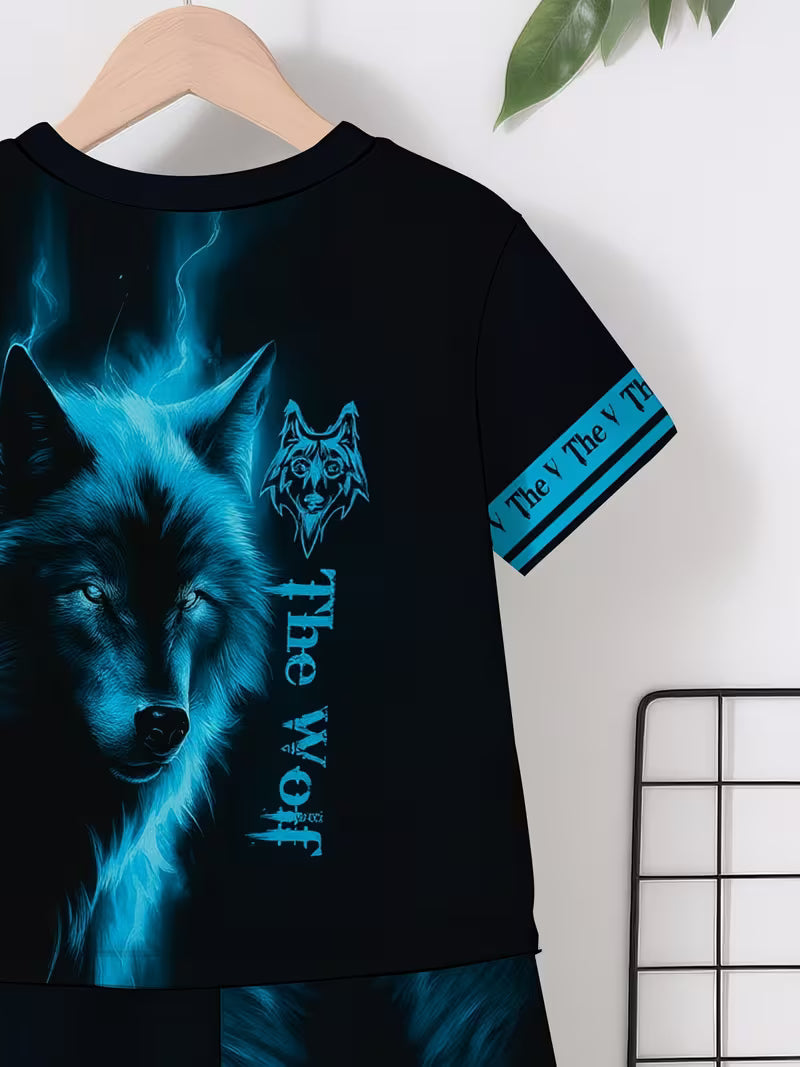 Pullover and Sports Shorts Set, with a Cool Blue Plush Wolf 3D Print