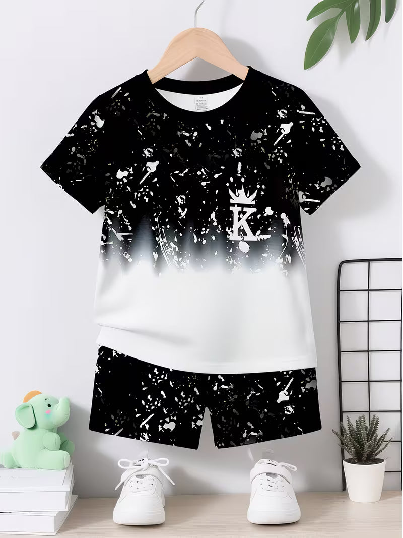 Casual Sporty Stylish Crown K Graffiti-themed Printed Crew-neck T-shirt and Shorts Set
