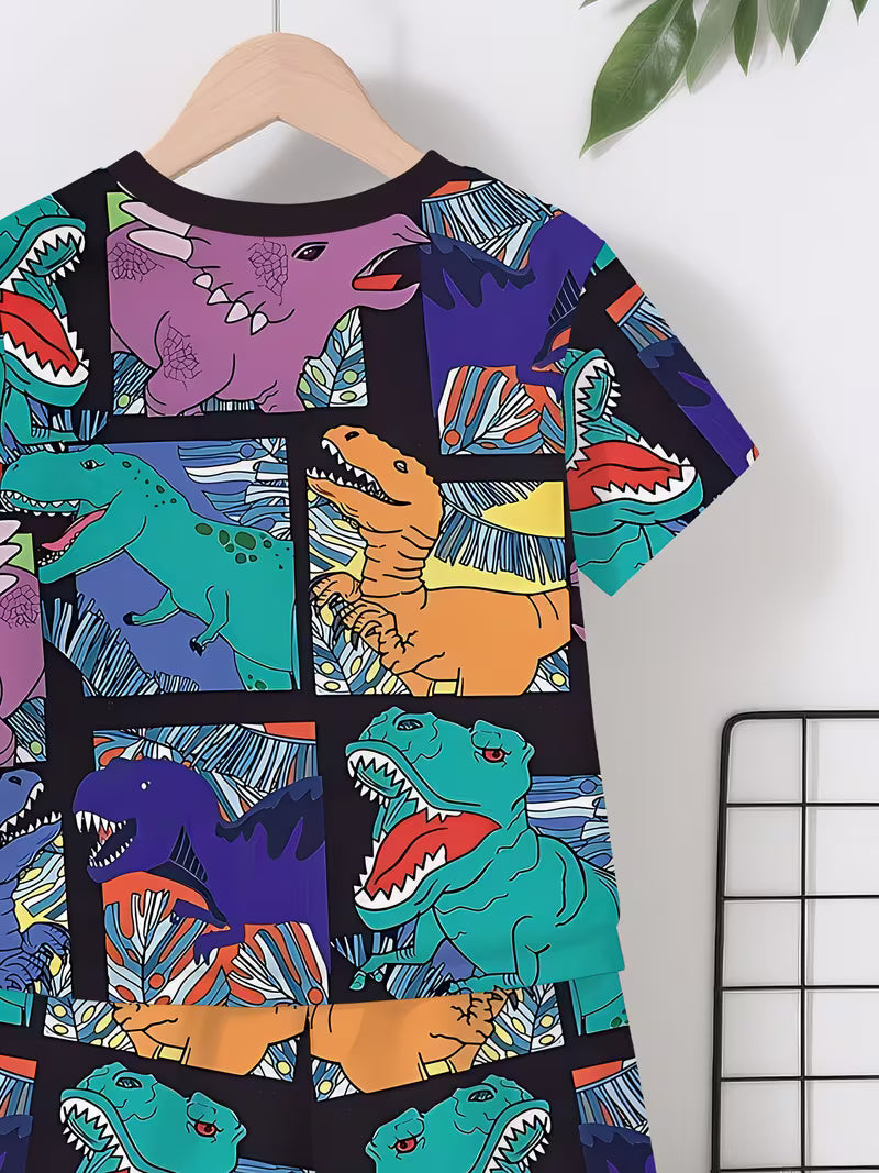 Fashionable Short-sleeved Pullover and Sports Shorts Set, with Creative Block-shaped Dinosaur