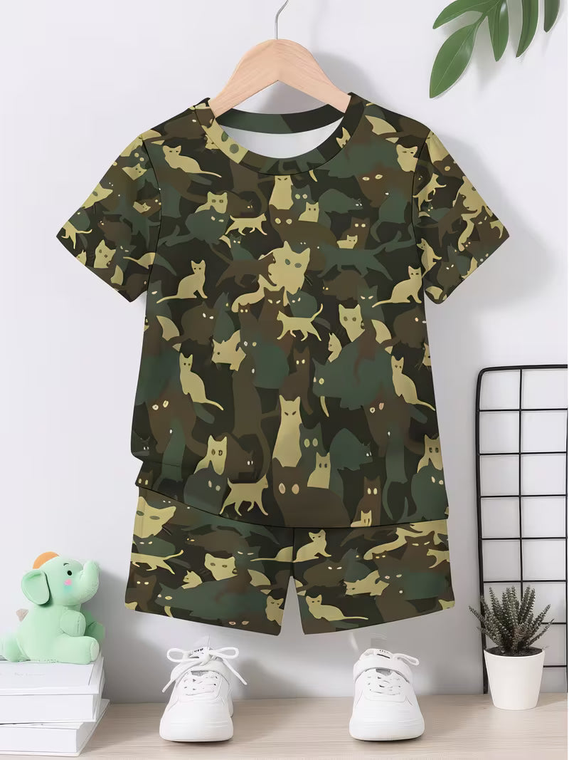 Fashion Cool Camouflage Color Cat Pattern 3D Print Design, Short-Sleeve Pullover Shirt