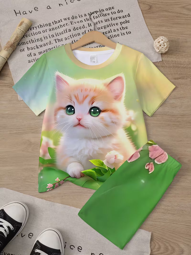 Girls' Unicorn Trendy Personality T-Shirt and Shorts Set