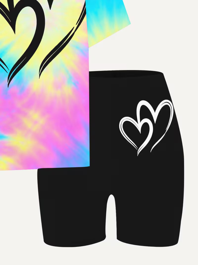 Cute Graffiti Style and Heart-Print T-shirt and Shorts Set