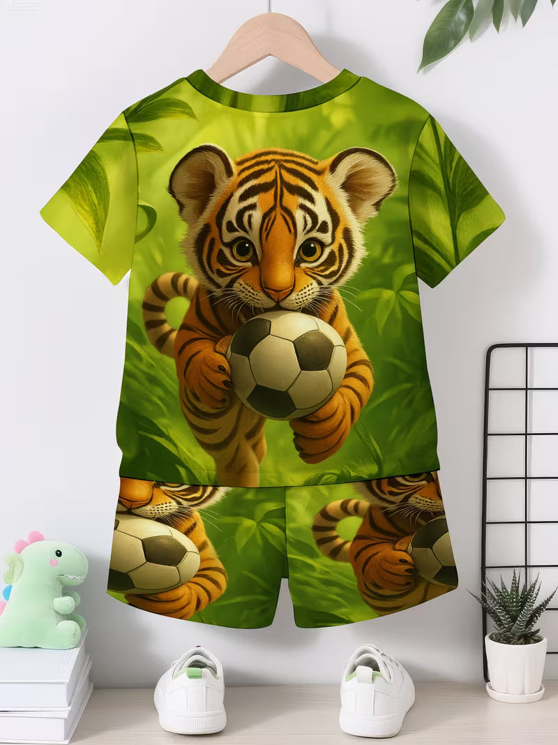 Creative Green Cartoon Tiger Football 3D Print Design, Short-Sleeve Pullover Shirt
