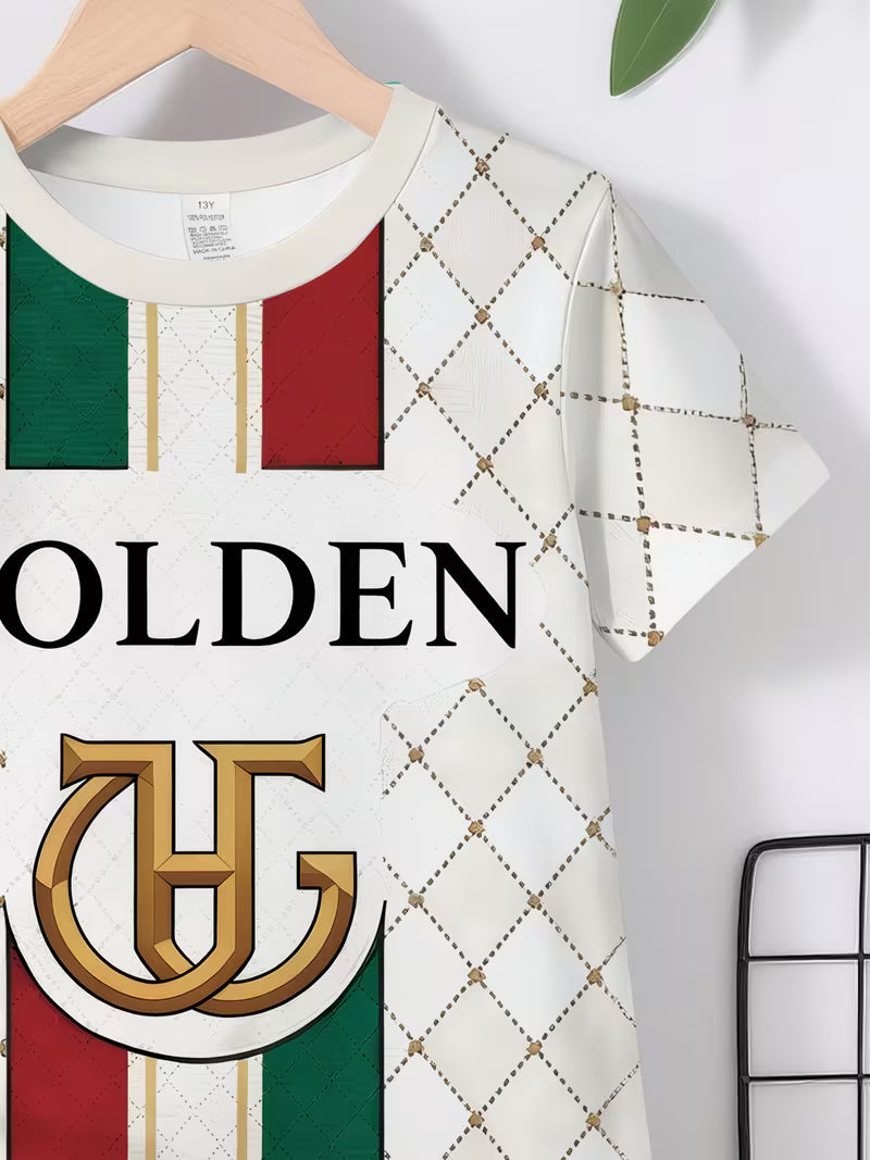 Casual Golden Label Light Luxury Plaid Print Pattern Round Neck T-shirt and Shorts Set