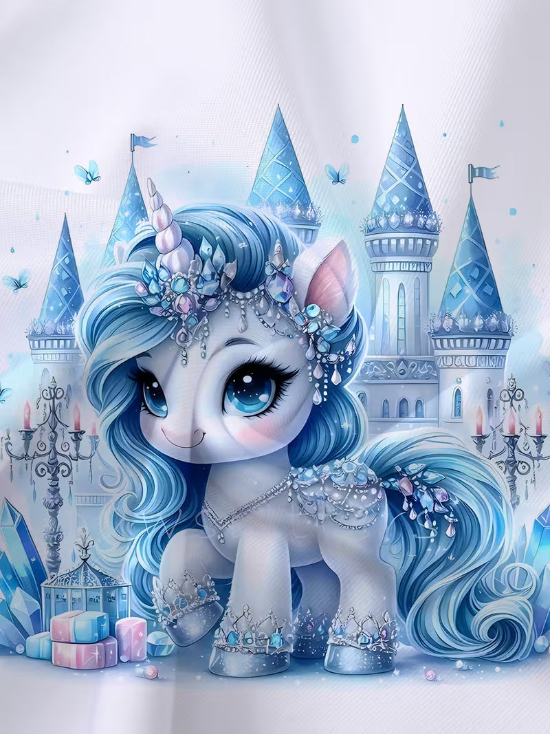 Unicorn Blue Castle Print T-Shirt And Shorts Set Features Exquisite Cartoon Designs, Breathable Fabric