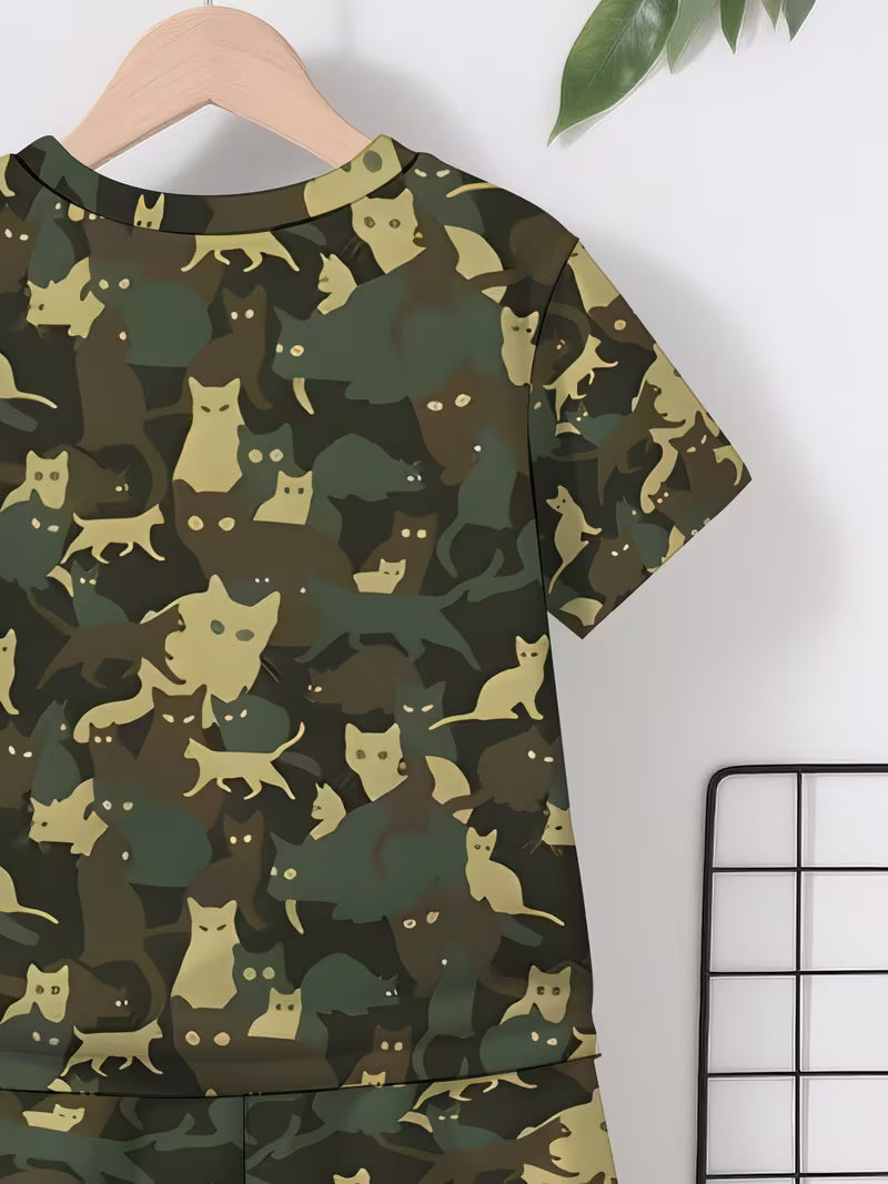 Fashion Cool Camouflage Color Cat Pattern 3D Print Design, Short-Sleeve Pullover Shirt