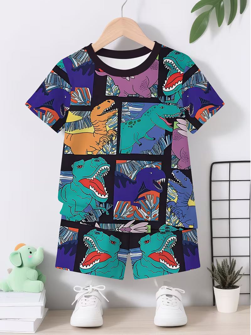 Fashionable Short-sleeved Pullover and Sports Shorts Set, with Creative Block-shaped Dinosaur