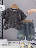Boys' Short Sleeve And Shorts 2pcs Set, Letter Print Design Dark Gray