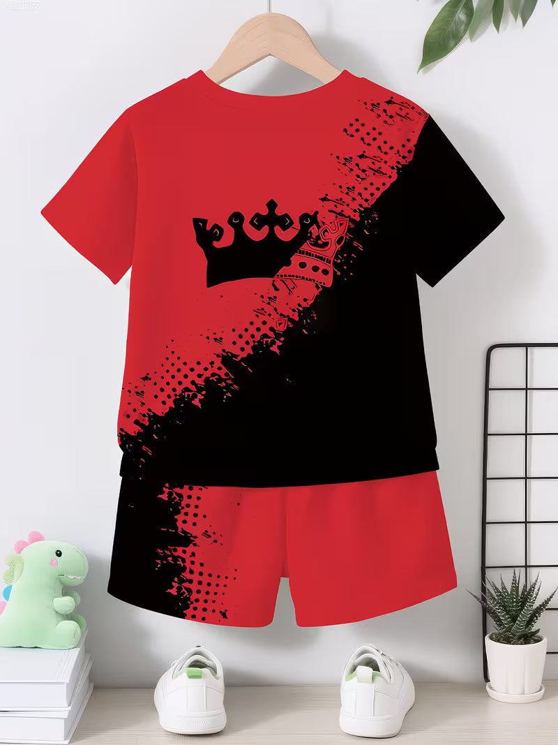 A Trendy Black And Red Crown 3D Print Design for Boys, Featuring a Short-Sleeve