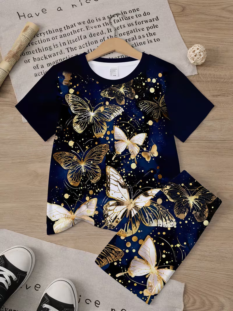 Butterfly Spring Summer Girls' Birthday Gift Clothing Cartoon 3D Print T-Shirt Shorts Set