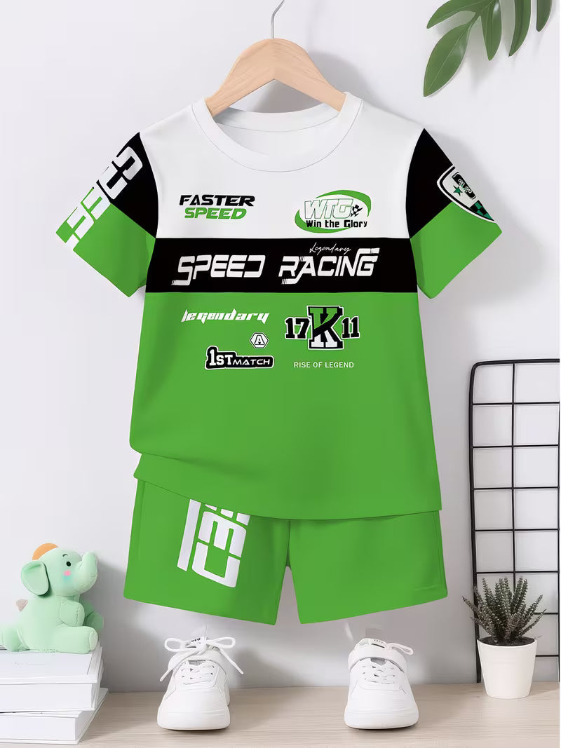 Boys' Creative Green Cartoon Racing Suit with 3D Print Design