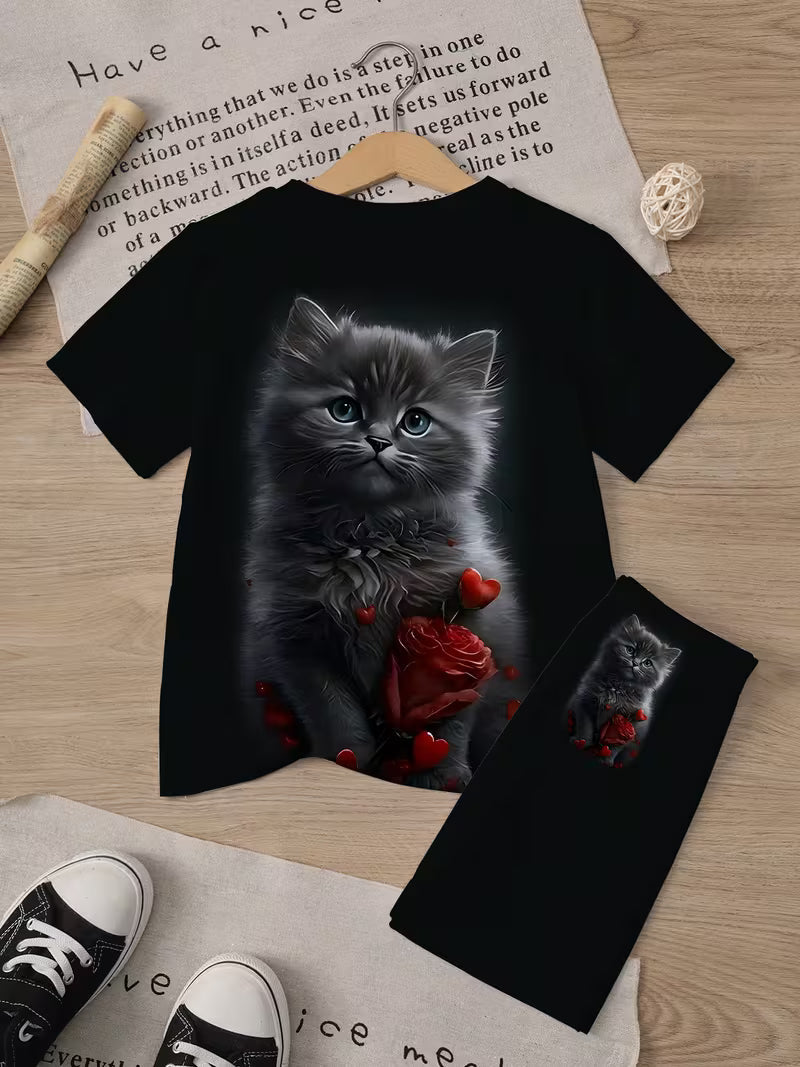 Kawaii Cartoon Girl Black Cat Print Short Sleeve T-Shirt and Shorts Set