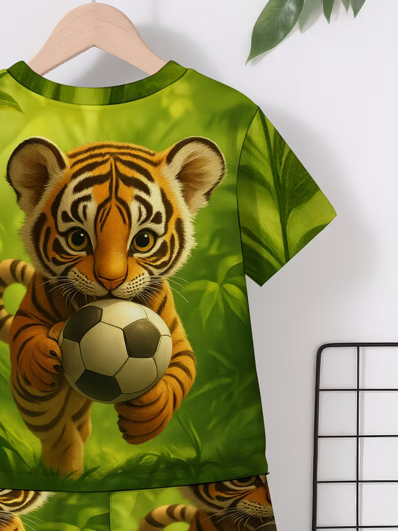 Creative Green Cartoon Tiger Football 3D Print Design, Short-Sleeve Pullover Shirt