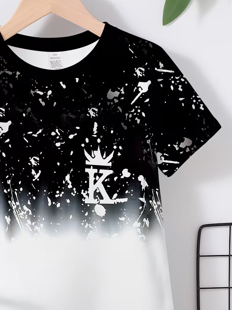 Casual Sporty Stylish Crown K Graffiti-themed Printed Crew-neck T-shirt and Shorts Set