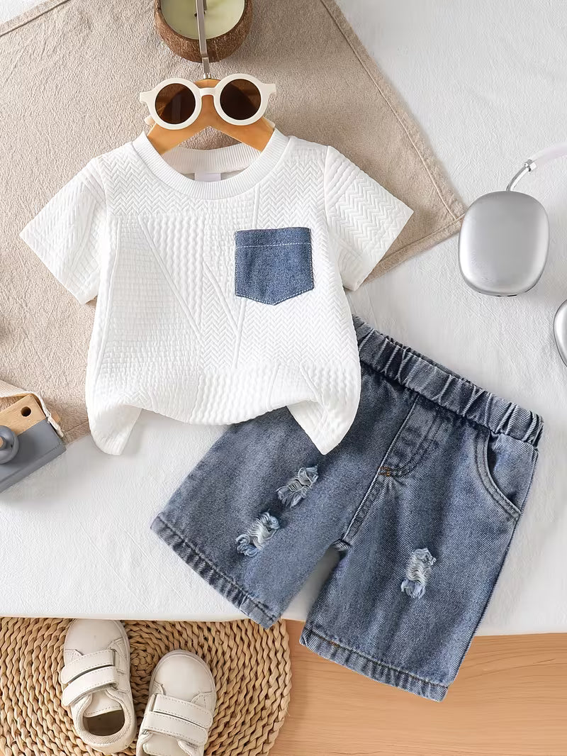 2pcs Baby Boy White Textured T-Shirt + Ripped Denim Shorts Set
