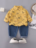 Boys' Dinosaur Print Set with Pocket Long-Sleeve Shirt and Denim Long Pants Yellow