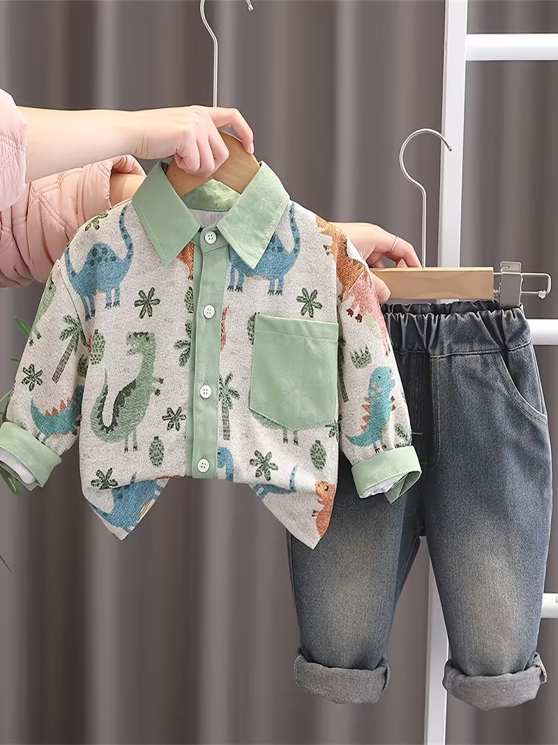 New Collared Cartoon Pocket Dinosaur Print 2pcs Set