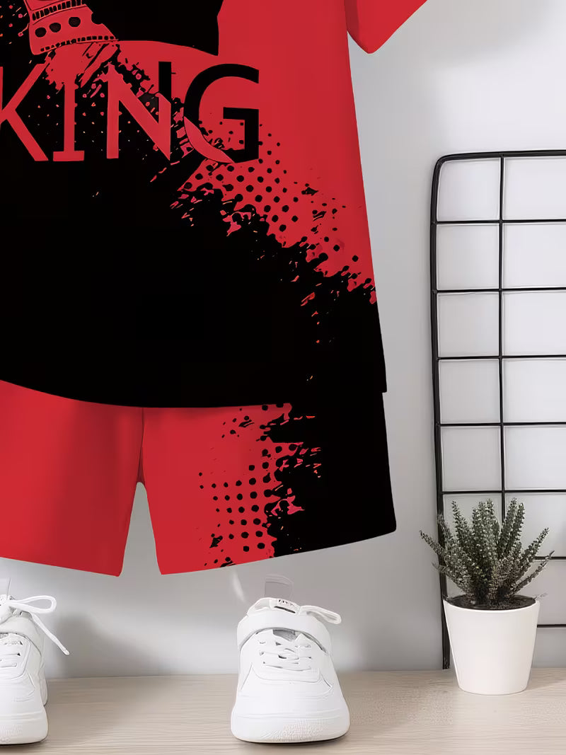 A Trendy Black And Red Crown 3D Print Design for Boys, Featuring a Short-Sleeve