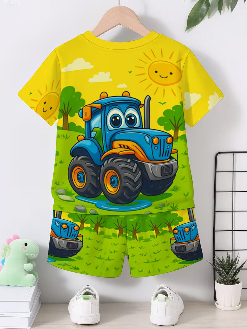 Boy cute cartoon animated car 3D printing design, short sleeved pullover