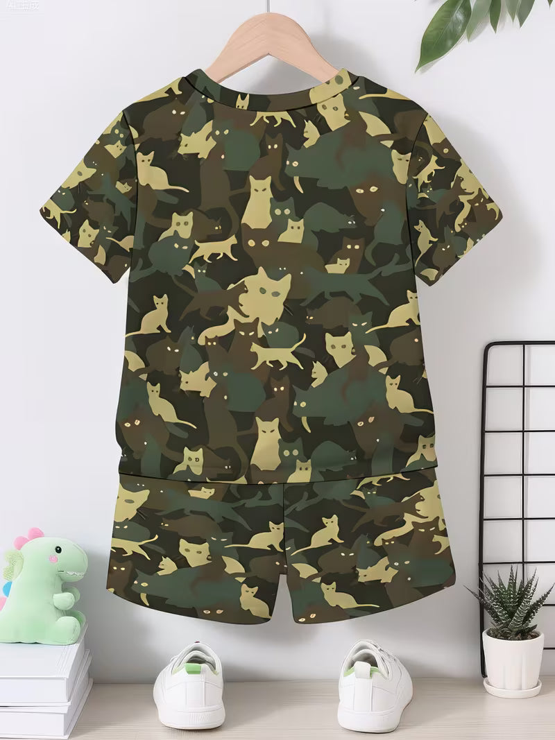 Fashion Cool Camouflage Color Cat Pattern 3D Print Design, Short-Sleeve Pullover Shirt
