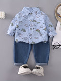 Boys' Dinosaur Print Set with Pocket Long-Sleeve Shirt and Denim Long Pants Sky Blue