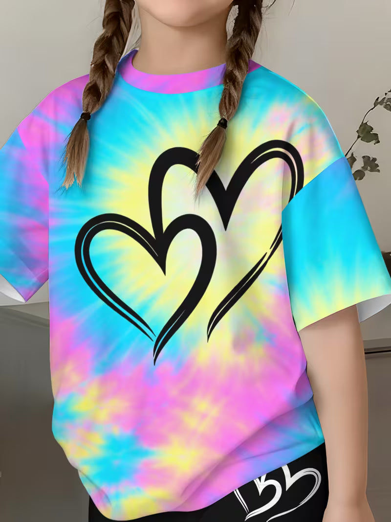 Cute Graffiti Style and Heart-Print T-shirt and Shorts Set