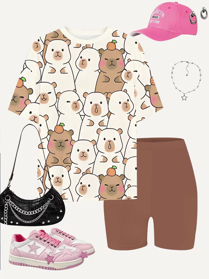 Girls' Fashion Shorts Set Cute Fashion Printed Set, Perfect for Outdoor