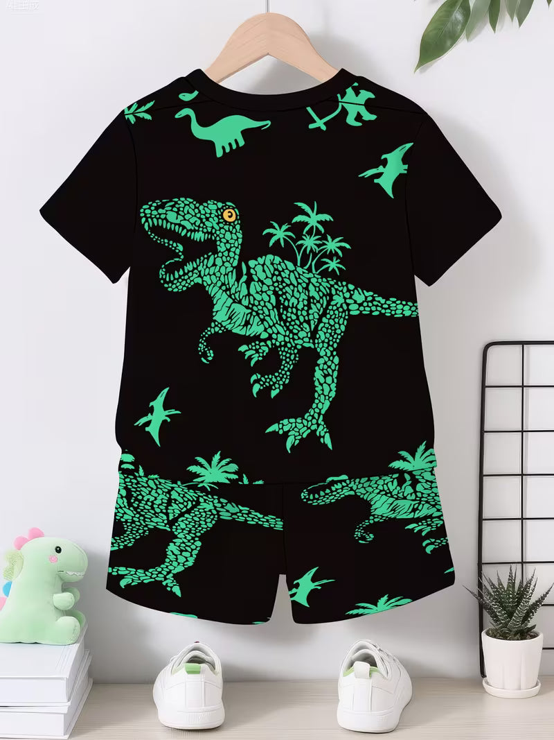 Dinosaur Outfit: Short-Sleeve Shirt & Matching Sports Shorts with 3D -Rex Print