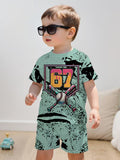 Fashionable and Cool Baseball Element No. 67 Printed Round-neck T-shirt and Shorts