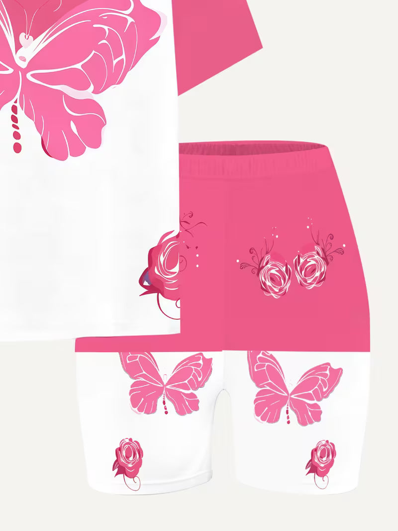 Girls' Fashion Pink Butterfly Shorts Set Cute And Stylish Printed Outfit, for Outdoor