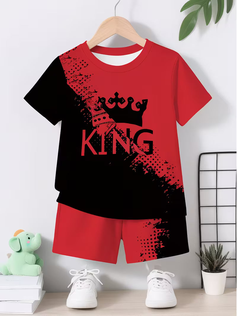 A Trendy Black And Red Crown 3D Print Design for Boys, Featuring a Short-Sleeve