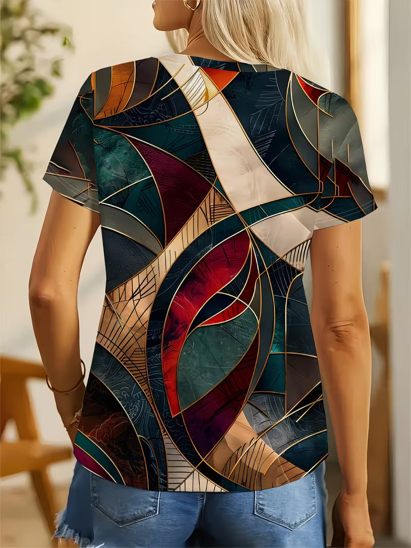 Women'S Stylish Casual T-Shirt Featuring Vibrant All-Over Geometric Patterns