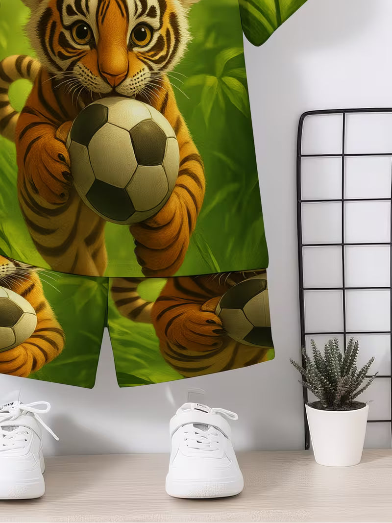 Creative Green Cartoon Tiger Football 3D Print Design, Short-Sleeve Pullover Shirt