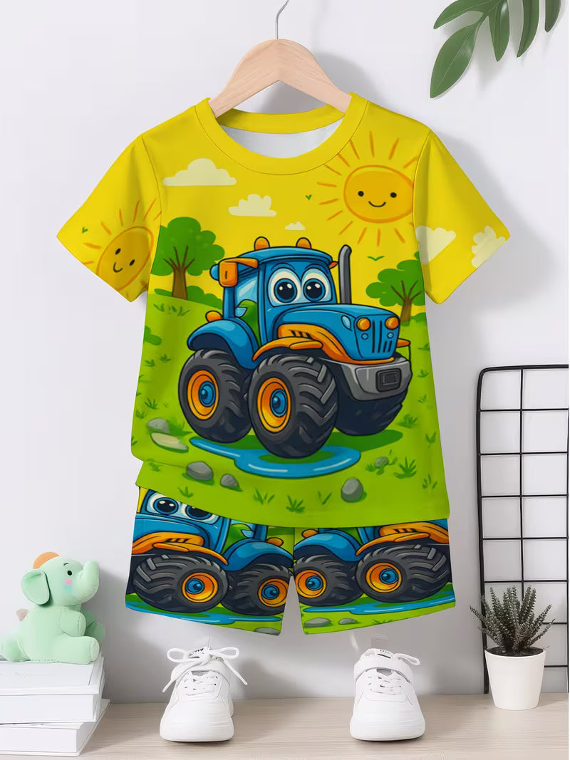Boy cute cartoon animated car 3D printing design, short sleeved pullover