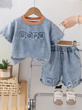 Casual Denim Set, Round Neck Short Sleeve Top + Denim Shorts 2pcs Outfit