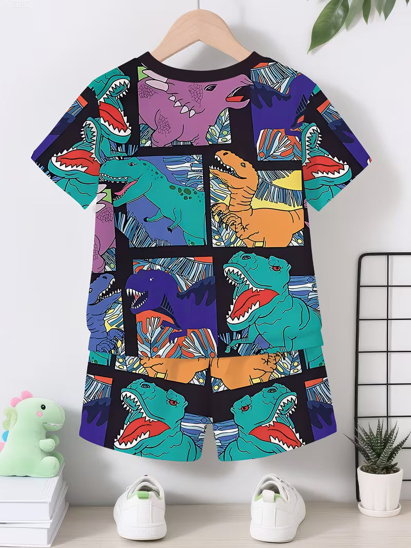 Fashionable Short-sleeved Pullover and Sports Shorts Set, with Creative Block-shaped Dinosaur
